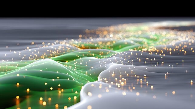 An abstract image featuring undulating waves of green and white, illuminated by glowing particles, creating a futuristic and ethereal atmosphere.