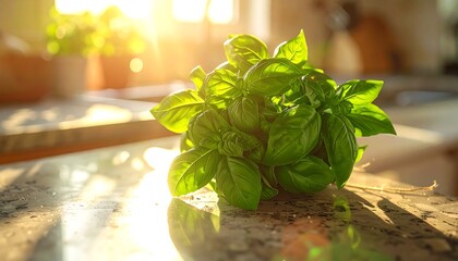 Fresh basil herb plant illuminated by sunlight