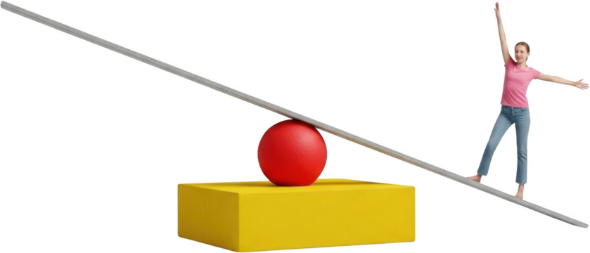 Young girl balancing on a seesaw with a red ball on a yellow block arms outstretched demonstrating equilibrium and coordination Child Play Childhood Activity