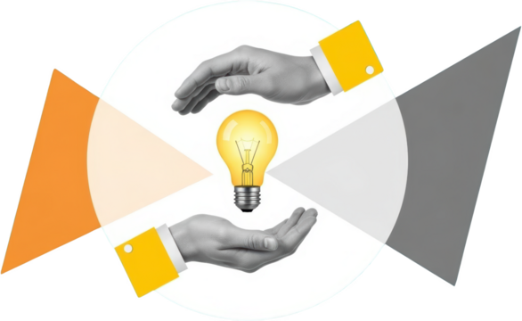Two hands protect a glowing incandescent light bulb inside a circular frame with abstract colored shapes idea innovation creativity protection business