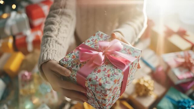 A woman carefully holds a beautifully wrapped gift, displaying vibrant floral patterns and a shiny pink bow. Surrounded by an array of colorful presents, she radiates excitement an
