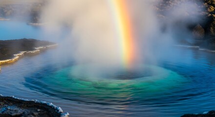 Stunning rainbow arches over geothermal hot spring, creating a magical Icelandic landscape experience for wellness and travel inspiration