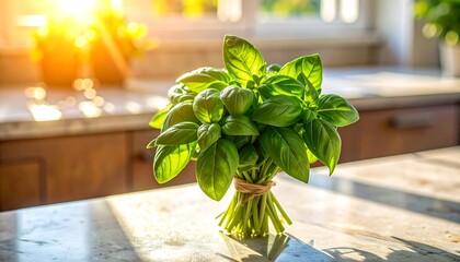 Fresh basil bunch on a kitchen countertop