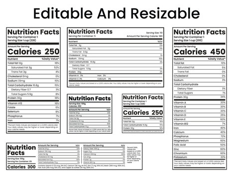 Editable and Resizable Nutrition Facts Label Set displaying various calorie counts and dietary information