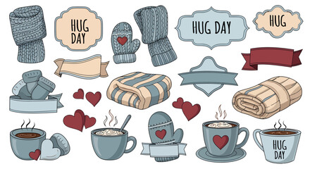 A collection of cozy hand-drawn winter elements including knitted scarves, mittens, blankets, hot drinks in mugs with hearts, and 'Hug Day' labels and banners.