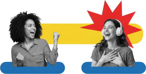 Two happy women expressing joy and excitement against a colorful abstract background with graphic elements happiness celebration expression emotion success
