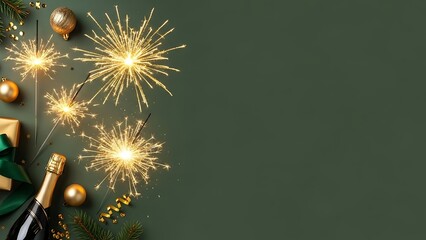 Elegant golden sparklers, a festive champagne bottle, and ornaments create a sophisticated New Year's Eve celebration on a dark green background.