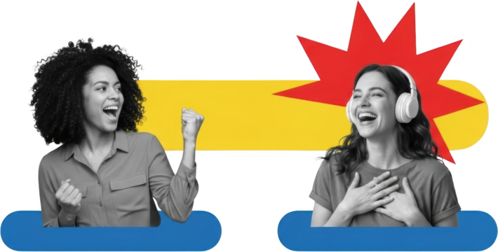 Two happy women expressing joy and excitement against a colorful abstract background with graphic elements happiness celebration expression emotion success
