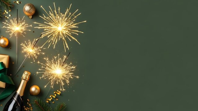 Elegant golden sparklers, a festive champagne bottle, and ornaments create a sophisticated New Year's Eve celebration on a dark green background. - Powered by Adobe