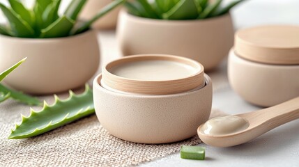 Close-up of aloe vera cream in a jar with wooden spoon, aloe vera plant and leaves, natural skincare concept.
