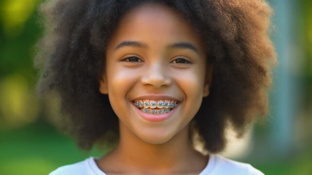 Smiling Afro girl with metal brackets, representing orthodontic treatment, wellness, and oral health