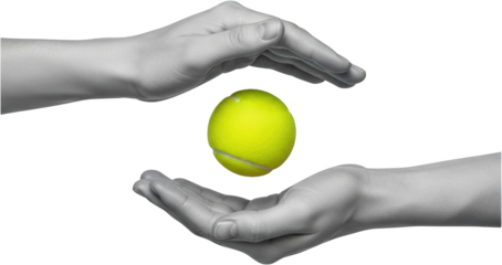 Two Hands One Above And One Below Cradling A Vibrant Yellow Tennis Ball Against A Transparent Background Sport Game Equipment Object Athletic Play Competition
