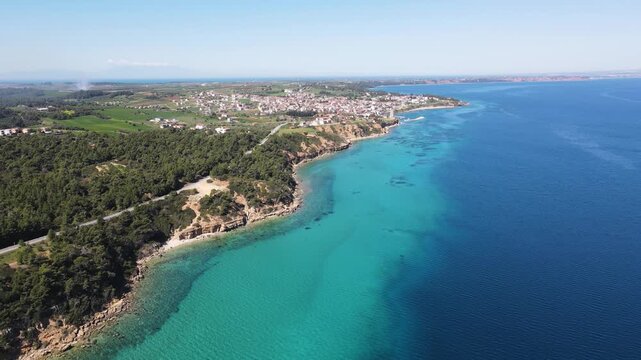 Amazing view of Kassandra coastline near town of Nea Fokea, Chalkidiki, Central Macedonia, Greece