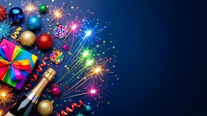 This vibrant new year celebration features sparkling champagne, festive ornaments, and colorful confetti, creating a joyful atmosphere perfect for holiday greetings.