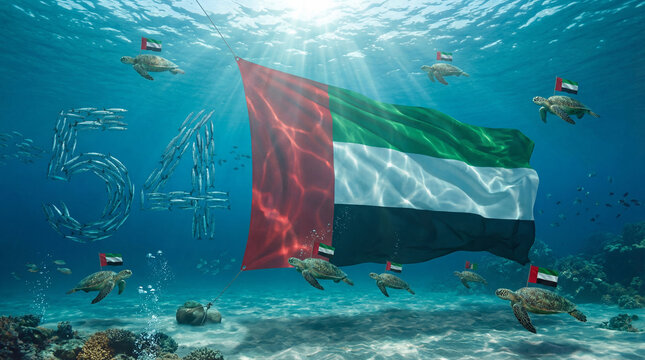 Underwater concept for UAE 54th National Day with the flag, sea turtles, and fish forming the number 54.