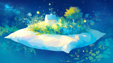 メルヘンチックな星空を背景に白い枕の上の草原と家のイラスト
