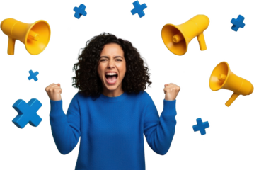 Excited young woman with curly hair in a blue sweater fists raised celebrating amidst floating yellow megaphones and blue cross shapes Excitement Celebration