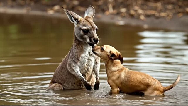 A kangaroo playing with a baby kangaroos in the water