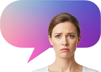 Young woman with worried expression on face adjacent to a large colorful speech bubble with a gradient background dialogue communication emotion thinking