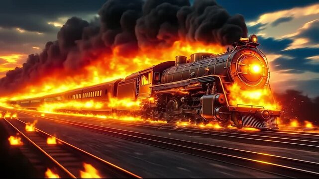A train on fire with smoke coming out of it
