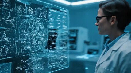 Scientist Solving Complex Equations on Transparent Display in Futuristic Lab - Powered by Adobe