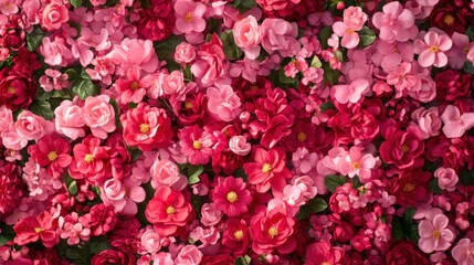 Profusion of pink and red blossoms, creating a textured floral tapestry