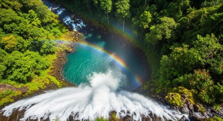 Dramatic waterfall scene with rainbow and lush green forest view from above