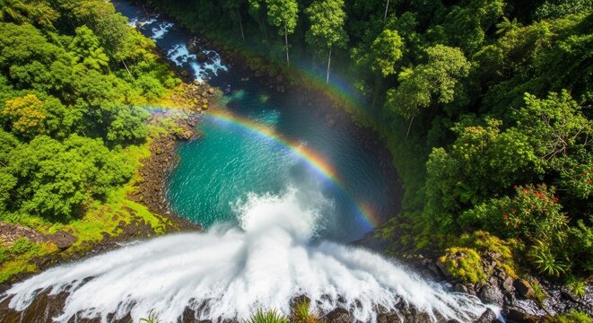 Dramatic waterfall scene with rainbow and lush green forest view from above