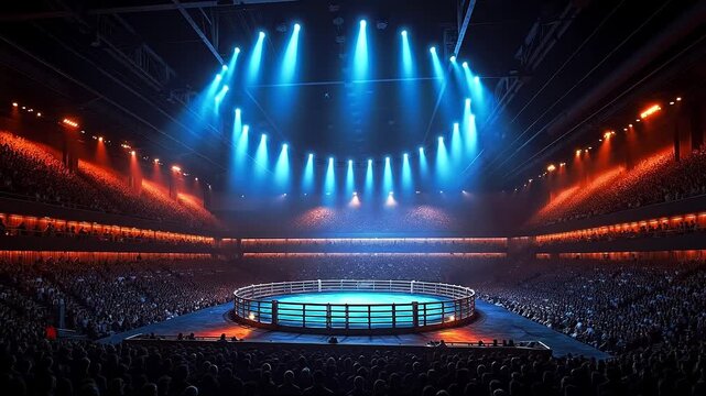 A large crowd of people watching a boxing match in a large arena