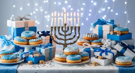 Hanukkah celebration with donuts gifts and lit menorah against bokeh lights festive jewish holiday presents stacked blue white presents with ribbons traditional sweets