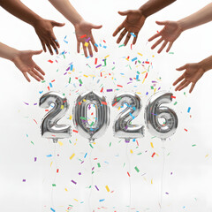 Diverse Hands Celebrating New Year 2026 with Floating Silver Balloons and Confetti