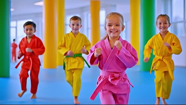 A group of children in karate uniforms running in a gym