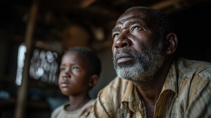 Obraz premium This touching image portrays a contemplative moment between an elderly man and a child, reflecting connection, wisdom, and innocence in a warm, intimate setting evoking deep emotional resonance.
