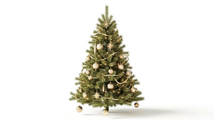 Beautiful christmas tree decorated with golden ornaments on a clean white background