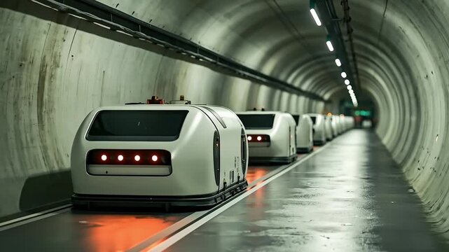 A long line of trains traveling through a tunnel