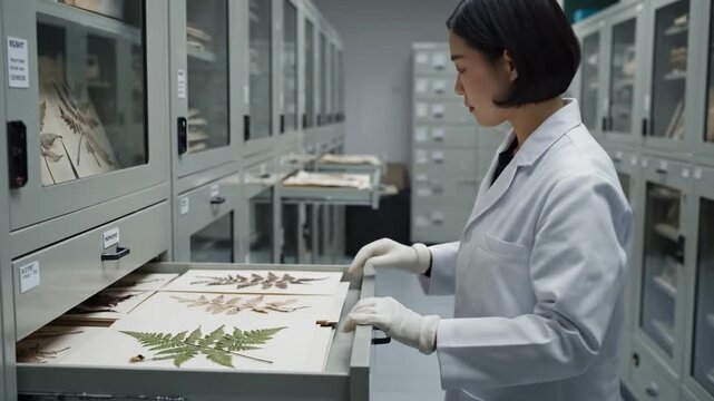 A botanist wearing gloves and a lab coat closing the herbarium sheet in a herbarium archive and closing the storage shelf