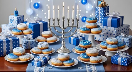 Hanukkah celebration with donuts and presents lit menorah against soft lights jewish holiday presents donuts stacked white blue presents traditional celebration