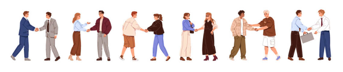 People handshake set. Businessmen and businesswomen shake hands. Men and women make business deals, work agreements. Characters are greeting and talking. Flat isolated vector illustrations on white. © Paper Trident