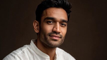 Fototapeta premium Captivating portrait of a confident man with a warm expression, showcasing cultural attire against a soft, neutral background, ideal for lifestyle and identity themes.