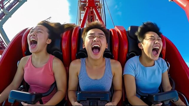 A group of people riding a roller coaster at a theme park