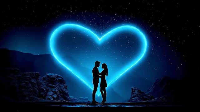 A man and woman standing in front of a heart shaped galaxy