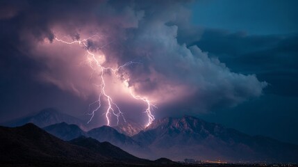 Lightning strikes a dark mountain range under turbulent storm clouds