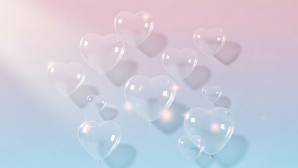 A dreamy and ethereal abstract background featuring a soft gradient color scheme (pink and blue/purple) illuminated by gentle bokeh lights. Numerous transparent or glassy heart shapes appear to be flo