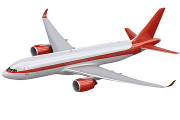 Naklejka premium A sleek. modern passenger airplane soaring through a clear blue sky. its red accents. with a serene landscape visible below. perfect for travel and aviation-themed projects