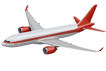 A sleek. modern passenger airplane soaring through a clear blue sky. its red accents. with a serene landscape visible below. perfect for travel and aviation-themed projects