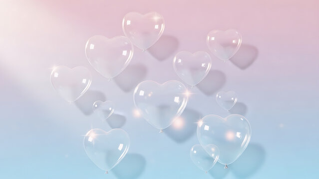 A dreamy and ethereal abstract background featuring a soft gradient color scheme (pink and blue/purple) illuminated by gentle bokeh lights. Numerous transparent or glassy heart shapes appear to be flo