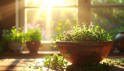 Fresh herbs in sunlight on wooden table