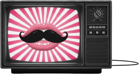 Vintage television screen displays pink and white radial lines behind a pair of vibrant pink lips wearing a black curled mustache retro graphic media broadcast