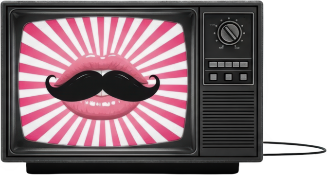 Vintage television screen displays pink and white radial lines behind a pair of vibrant pink lips wearing a black curled mustache retro graphic media broadcast