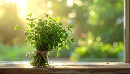 Fresh herbs on a window sill in sunlight